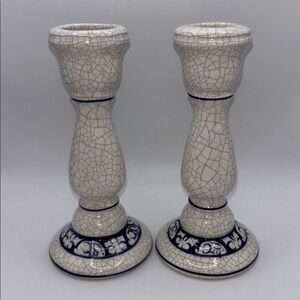 Dedham Pottery The Potting Shed Bunny Rabbit Crackle Candle Holders 6 inches